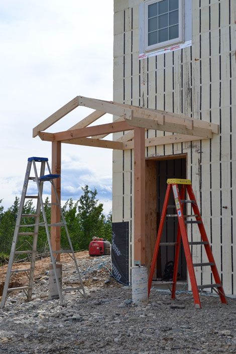 Owner Building a Home: The Momplex | Framing Gable Roofs Gable Roof Porch, Awning Over Door, Front Door Awning, Door Overhang, Diy Awning, House Awnings, Porch Remodel, Building A Home, Porch Roof