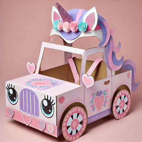 Kids Cardboard Car, How To Make A Cardboard Box Car, Diy Barbie Cardboard Car, Cardboard Princess Carriage, Cardboard Cars For Kids Drive In, Unicorn Cardboard Box Car, Mint Margarita, Cardboard Car, Polar Express