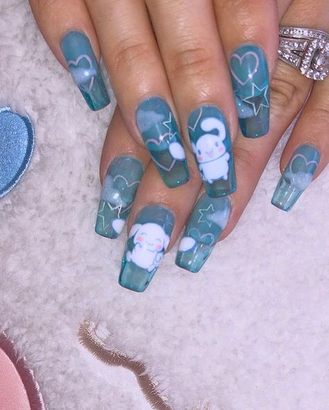 💫🌟☁️💎💠SANRIO ♡・☆GIRL💠💎☁️🌟💫 cinnamoroll is my fav Cinnamon Roll Sanrio Nail Art, Cinamoroll Nails Simple, Cinnamonroll Sanrio Nails, Cinnamon Roll Nails Sanrio, Cinnamon Roll Nails, Cinnamoroll Nails, Sanrio Nails, 90s Nails, October Nails