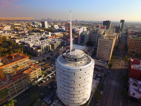 Capital Records Building. Hollywood CA.  Shot by LA Aerial Image Capital Records, Aerial Images, Capitol Records, Music Theory, Cn Tower, Cali, Google Images, Hollywood, Angeles