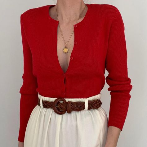 Deux Birds, Ootd Red, 2024 Inspiration, First Day Outfit, Poppy Color, Rib Knit Cardigan, Poppy Red, Office Outfit, Silk Knit