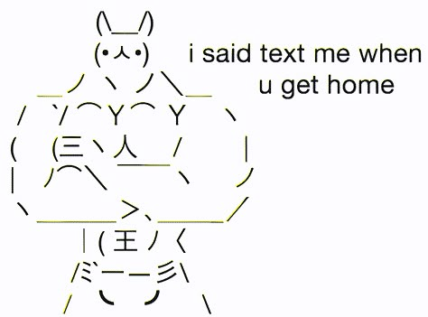 i said text me when you get home | Sign Bunny | Know Your Meme Text Me When You Get Home Quotes, Text Pictures Art, I Said Text Me When You Get Home, Wholesome Texts, Text When You Get Home, Me And U Pictures, How To Make A Bunny In Text, Cute Emoticon Text, Text Emojis