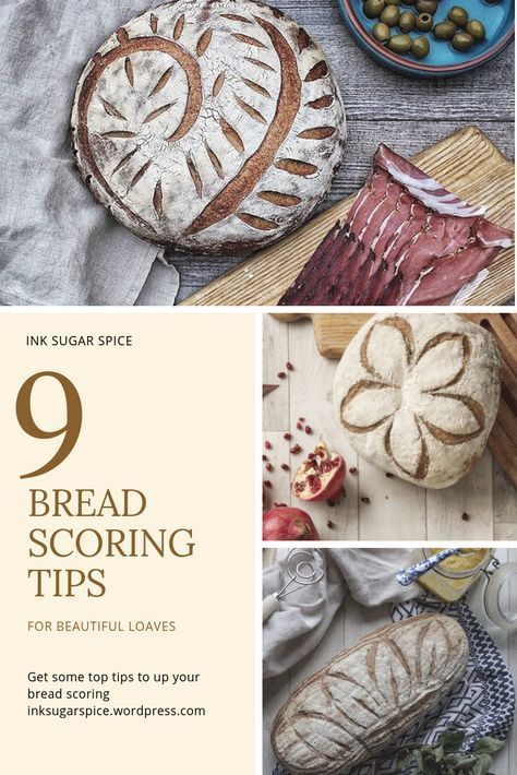 9 top tips for bread scoring art! Up your bread game and make beautiful loaves. Ink Sugar Spice #bread #baking #breadart Scoring Sourdough Bread, Scoring Sourdough, Scoring Bread, Bread Scoring, Spice Bread, Sourdough Starter Recipe, Bread Shaping, Bread Art, Healthy Recipes Easy Snacks