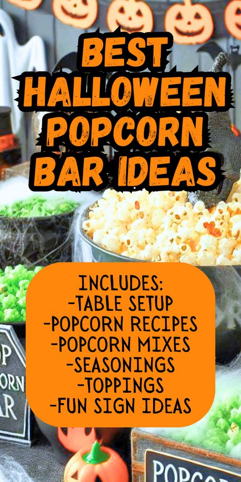 Halloween Party Popcorn Bar And Fall Popcorn Bar Ideas - how to set up a popcorn bar for Halloween parties! Includes fun popcorn ingredients recipes, great popcorn toppings, popcorn seasoning ideas for Halloween movie night, spooky movie snacks, trick or treating party, fun recipe using popcorn, how to make toffee popcorn, how to make Halloween popcorn balls, how to color Halloween themed popcorn, Halloween Corn Bar idea, and fun Diy Popcorn Bar signs. Great for Halloween Sleepover, Halloween Po Popcorn Bar Free Printables, Popcorn Seasoning Ideas, Halloween Popcorn Bar, Popcorn Bar Ideas, Halloween Sleepover Party, Popcorn Bar Toppings, Popcorn Table, Popcorn Bar Party, Corn Bar