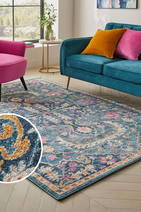 Bright Rugs Living Room, Persian Rug Living Room, Blue Persian Rug, Next Rugs, Bright Rugs, Snug Room, Teal Sofa, Statement Rug, Blue Lounge