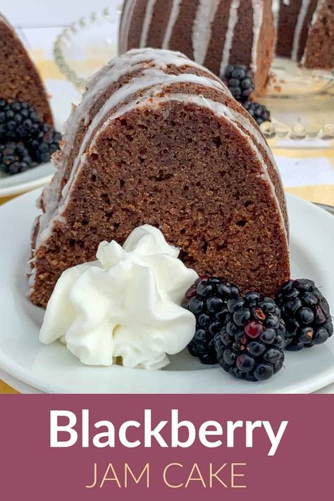 An easy blackberry jam cake is made more beautiful when baked in a bundt pan. Simple ingredients mix together to create a family holiday tradition that is wonderful when served with whipped cream and fresh blackberries. Blackberry Jam Cake, Jam Cake Recipe, Jam Cake, Blackberry Cake, Spice Cake Mix, Blackberry Jam, Caramel Recipes, Bundt Cakes Recipes, Spice Cake