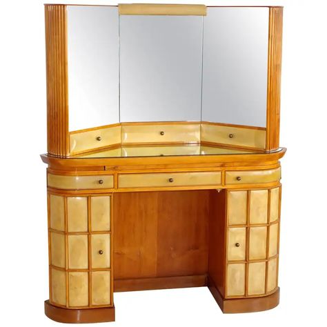 Secretary Vanity, Small Apartment Living Room Decor, Triptych Mirror, Mid Century Modern Vanity, Modern Vanities, Italian Art Deco, Vanity Dressing Table, Art Deco Vanity, Pear Wood