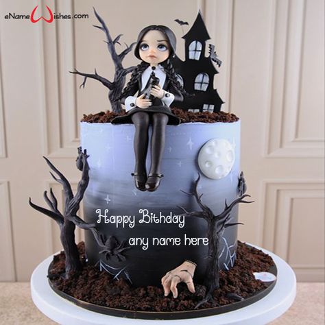 Wednesday Birthday Cake Idea with Name Edit Wednesday Adams Cake Design, Wensday Cakes, Wensday Adams Birthday Cake, Wednesday Bday Cake, Addams Family Cake Ideas, Wednesday Adams Cakes, Wensday Birthday Cake, Wednesday Addams Cakes, Pastel Merlina Addams