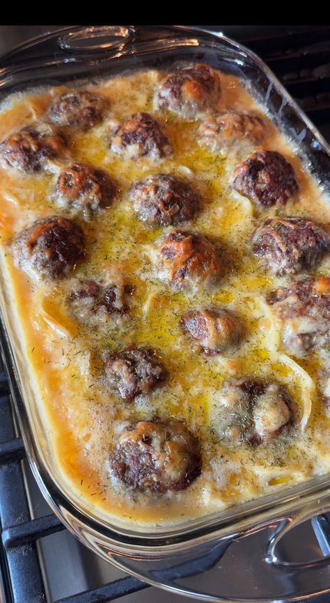 Au Gratin Meatball Bake - The Tipsy Housewife Cheddar Meatballs, Fall Recipes Sides, The Tipsy Housewife, Tipsy Housewife, Au Gratin Potatoes, Gratin Potatoes, Meatball Dinner, Meatball Casserole, Comfort Casseroles