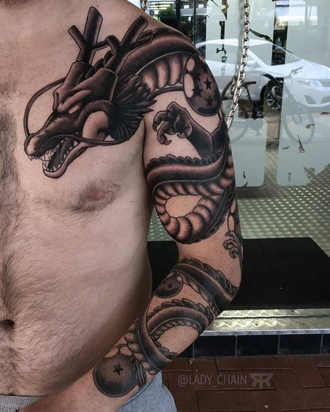 Dragon Tattoo Chest, Shen Long Tattoo, Dbz Tattoo, Traditional Tattoo Inspiration, Z Tattoo, Nerd Tattoo, Couple Tattoos Unique, Comic Tattoo, Dragon Ball Tattoo