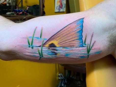 Saltwater Fish Tattoo, Memorial Fish Tattoos, Red Fish Tattoo, Sawfish Tattoo, Mahi Mahi Tattoo Fish, Redfish Tattoo For Men, Redfish Tattoo, Tattoo Fly, Salmon Tattoo