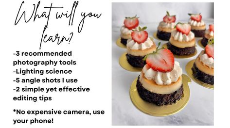 Tomorrow 7am PST I’ll be releasing this free class: Food Photography 101 for a limited time! Here is a sneak peek at some of the slides from class 👀 Learn the simple photography tools I use to make my desserts stand out on social media, what I know about lighting for pictures, the shots I always take and my top 2 free editing tips! Truth is, it doesn’t matter how good your desserts are. If your pictures aren’t the best, people won’t gravitate towards your products. Let me help you in tha... Lighting For Pictures, Expensive Camera, Simple Photography, Free Online Classes, Editing Tips, Dessert Stand, Photography Tools, Word Free, Photography 101