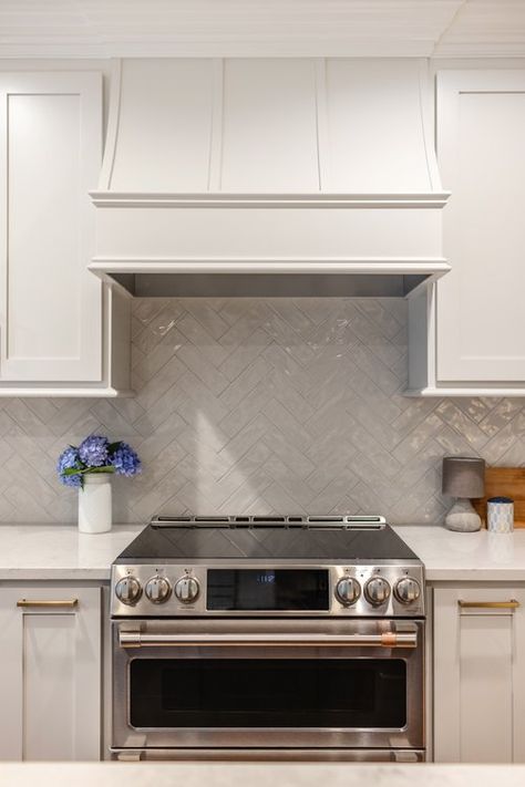 Double Herringbone Backsplash, Double Herringbone Tile, Double Herringbone, Contemporary Kitchen Remodel, Concrete Pendant Light, Concrete Pendant, Herringbone Backsplash, Bold Wallpaper, Herringbone Tile