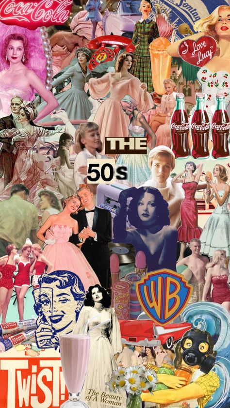 The 50’s 50s Pop Culture, 50s Hollywood Aesthetic, Grease Moodboard, 50s Moodboard, 1950s Aesthetic Wallpaper, 50s Collage, 1950s Aesthetic Fashion, 1950s Moodboard, 50s Aesthetic Wallpaper