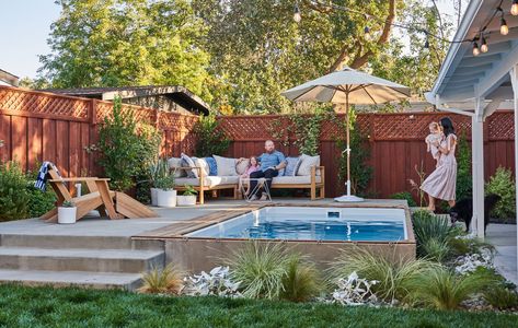 Livermore homeowners and parents create a backyard the whole family can enjoy year-round with a heated plunge pool, salvaged fire pit, and play area. Plunge Pool Cost, Online Landscape Design, Plunge Pools, Pool Fashion, Outdoor Patio Ideas, Small Pools, Backyard Pools, Backyard Inspo, Small Pool