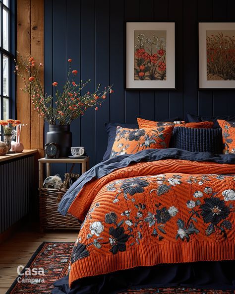 Dark Blue And Copper Bedroom, Dark Blue And Black Bedroom, Orange And Blue Interior Design, Navy And Terracotta Bedroom, Blue And Rust Bedroom, Blue Red Bedroom, Orange And Blue Bedroom, Orange And Teal Bedroom, Blue And Orange Bedroom