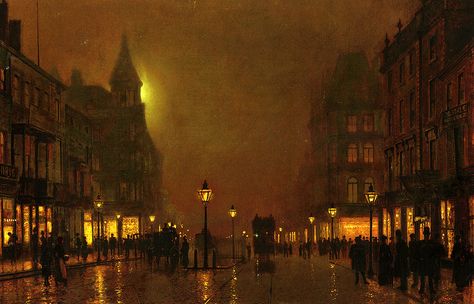 John Atkinson Grimshaw – private collection.  Briggate, Leeds (last quarter of the 19th c.) John Atkinson Grimshaw, Atkinson Grimshaw, Albert Bierstadt, City Painting, Night Landscape, Night Scene, Victorian Art, Ethereal Art, Classical Art