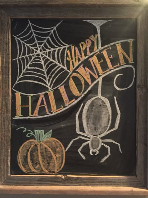 Halloween chalkboard Halloween chalk board Halloween Chalkboard Art, Fall Chalkboard, Chalkboard Art Quotes, Chalkboard Wall Art, Halloween Chalkboard, Chalkboard Doodles, Blackboard Art, Kitchen Chalkboard, Spider Web Decoration