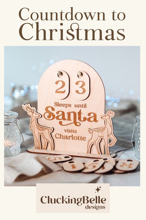 A small free standing countdown calander with two Reindeer either side. Customised with a childs name Interactive Decoration, Sensory Play Dough, Play Dough Sets, Wood Laser Ideas, Wooden Advent Calendar, Laser Cut Wood Crafts, Christmas Countdown Calendar, Christmas Calendar, Countdown To Christmas