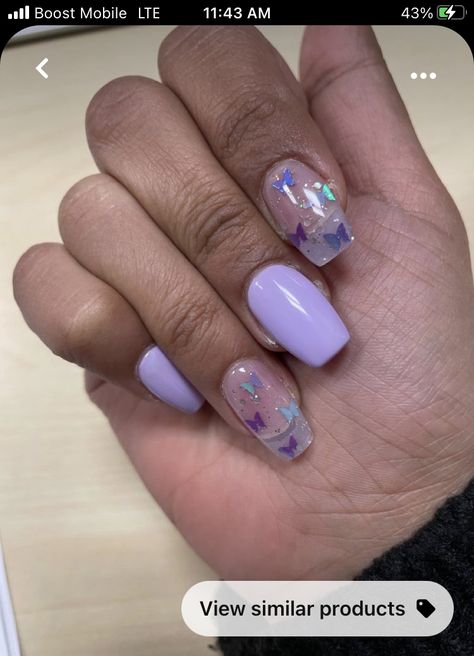 Purple Nail Designs Butterfly Short, Lilac Nails Acrylic Short, Pastel Purple Nails With Butterflies, Gel Nails Purple Pastel, Nails Butterflies Design, Short Butterfly Nail Designs, Purple Nails Butterfly Short, Clear Nails With Butterflies, Short Square Butterfly Nails