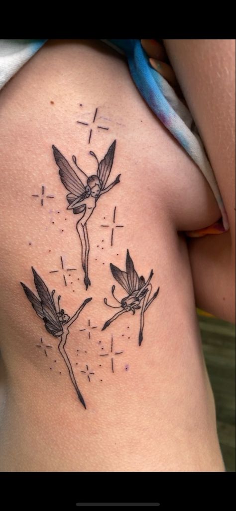 Three Fairy Tattoo, Three Fairies Tattoo, Shaded Fairy Tattoo, Fairy Dancing Tattoo, Two Fairy Tattoo Designs, Fairy Dust Tattoo, Fairy Tattoo Shaded, Dancing Fairies Tattoo, Matching Fairy Tattoos