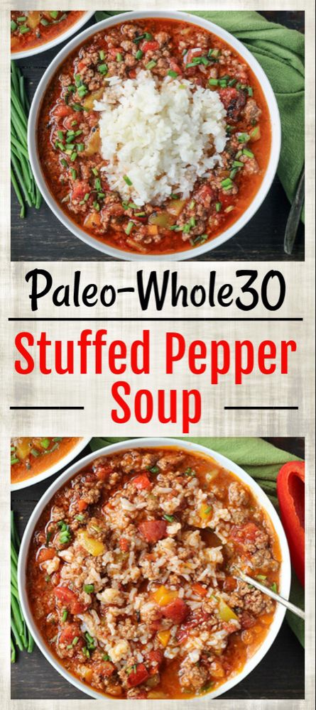 Paleo Whole30 Stuffed Pepper Soup - Real Food with Jessica Whole 30 Stuffed Pepper Soup, Crockpot Soup Recipes Paleo, Stuffed Pepper Soup Cauliflower Rice, Stuffed Pepper Soup With Cauliflower Rice, Paleo Bell Pepper Recipes, Paleo Stuffed Pepper Soup, Whole30 Stuffed Peppers, Soup Recipes With Peppers, Stuffed Pepper Chili