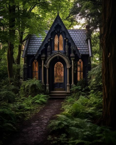 Tiny Gothic Homes 🏡⚫️🌲🌿✨️ . . . . Conjured blending Midjourney AI, Photoshop and Topaz… | Instagram Gothic One Story House, Tiny House Gothic, Victorian Style Tiny House, Tiny Gothic House, Gothic Tiny Home, Gothic Cottage Exterior, Gothic Tiny House Interior, Black Gothic House, Small Gothic House