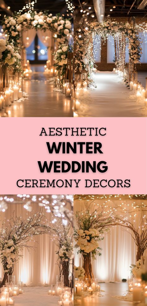 Elegant winter wedding ceremony setup featuring aesthetic decor, including floral arches, candles, and a cozy winter theme. Intimate December Wedding, January Wedding Themes, Southern Winter Wedding, January Wedding Decor, Wedding Theme Ideas Elegant Indoor, Winter Wedding Altar, Christmas Wedding Ideas On A Budget, Winter Wedding Centerpieces Elegant, Christmas Wedding Decorations Receptions