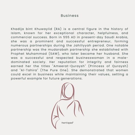 Khadija bint Khuwaylid (RA) is a profound inspiration for Muslims, particularly women, due to her remarkable character, strength, and unwavering support for the Prophet Muhammad (peace be upon him)🤍 Khadija (RA) is not only celebrated as Prophet Muhammad’s first wife and the first Muslim to accept his prophethood, but she is also a significant figure in Islamic finance. Her success and influence in the business world highlights the impactful role women can have in business💡 The competitive ... Khadija Ra, Islamic Finance, Ra Quotes, History Of Islam, Business Woman Successful, Peace Be Upon Him, The Prophet, Beautiful Islamic Quotes, Prophet Muhammad
