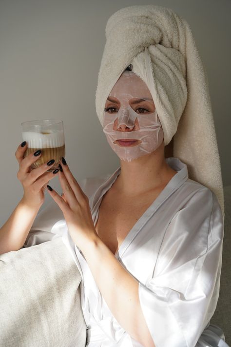 Girl relaxing drinking coffee face mask sheet mask perfect morning aesthetics aesthetically white aesthetics Face Mask Astethic, Face Mask Asethic, Sheet Masks Aesthetic, Facial Mask Aesthetic, Face Sheet Mask Aesthetic, Face Masks Aesthetic, Face Mask Photoshoot, Sheet Mask Aesthetic, Morning Aesthetics