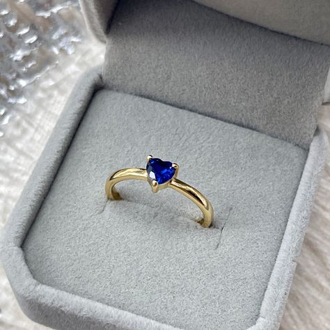 Minimalist heart shaped sapphire gold ring, Blue gemstone solitaire ring, Royal blue birthstone ring, Dainty rings, Handmade delicate gift by WithHerNYC on Etsy Gemstone Solitaire Ring, Natural Pearl Earrings, Engagement Rings Couple, Blue Sapphire Gemstone, Sapphire Solitaire, Blue Stone Ring, Gold Earrings Designs, Blue Zircon, Delicate Earrings