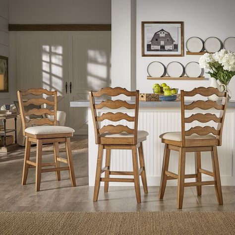 Oscarville Bar & Counter Swivel Stool & Reviews | Birch Lane Farmhouse Counter Height Stools, Island Bar Decor, Bar Stools Kitchen Island Swivel, Vintage Barstools, Bar Stools Counter Height, Camp House, Wood Counter Stools, Vintage Farmhouse Kitchen, Swivel Counter Stools