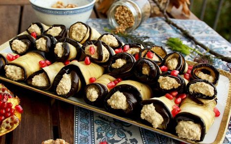 <p>Perfect as an appetizer for a party, these stuffed eggplant rolls are exceptionally delicious and incredibly easy to make. </p> Georgia Food, Eggplant Rolls, Vegan Appetizer, Russian Dishes, Georgian Cuisine, Georgian Food, Delicious Clean Eating, Happy Kitchen, Holiday Snacks