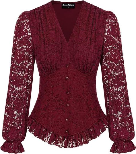 Women Vintage Blouse Puff Sleeve Peplum Shirt Elegant Dressy Button Down Shirt Black 2XL at Amazon Women’s Clothing store Burgundy Lace Top, Long Sleeve Summer Shirts, Lace Blouse Long Sleeve, Dressy Shirts, Victorian Lace, Burgundy Lace, Blouse Long Sleeve, Lace Top Long Sleeve, Elegant Blouses