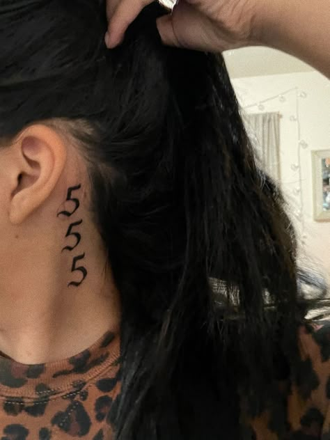 555 Behind Ear Tattoo, 555 Angel Number Tattoo Ideas, 555 Tattoo Behind Ear, 555 Neck Tattoo, 55 Tattoo Number, Angel Numbers Neck Tattoo, Angel Number Neck Tattoo, Number Neck Tattoo, Angel Number Tattoo Behind Ear