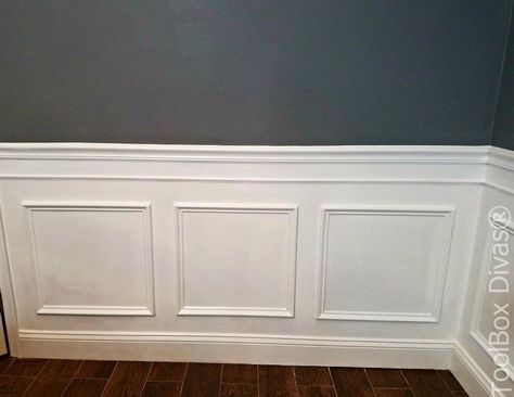 Install Picture Frame Moulding - Budget Friendly Wainscoting Gray Screen, Wainscoting Height, Wainscoting Nursery, Picture Frame Wainscoting, Wainscoting Hallway, Wainscoting Stairs, Wainscoting Kitchen, Wood Wainscoting, Painted Wainscoting