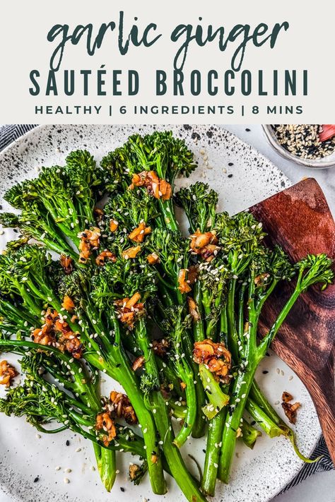 This Garlic Ginger Sautéed Broccolini recipe is insanely addicting! Tossed in sesame oil, the broccolini is crisp and tasty with only 6 ingredients and 8 minutes of cook time. Brocollini Recipes Sauteed, Easy Broccolini Recipe, Brocollini Recipes, Brocolini Recipes, Broccolini Recipes, Broccolini Recipe, Fast Healthy Dinner, Green Beans With Bacon, Thyme Recipes