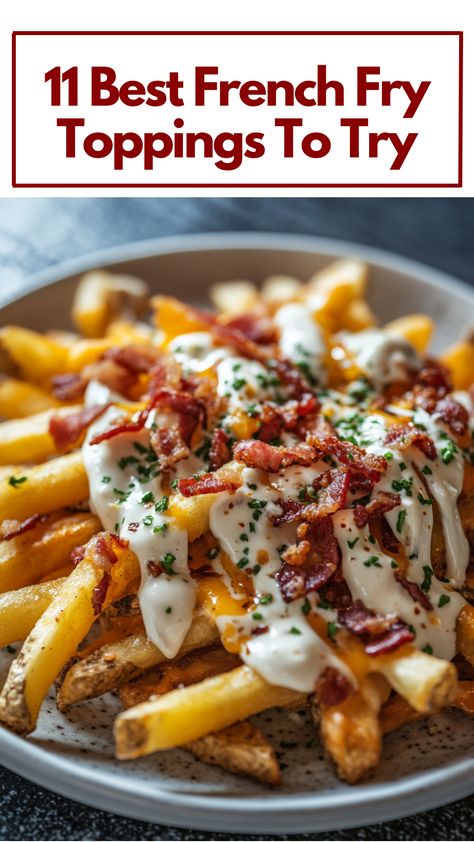 A plate of crispy French fries topped with melted cheese, crispy bacon bits, and drizzled with creamy aioli, showcasing a variety of delicious toppings. Toppings For French Fries, French Fry Toppings, French Fry Recipe Ideas, French Fry Toppings Ideas, Loaded French Fries Ideas, Fries Toppings, Season Fries Recipe, Baconator Fries, Fry Toppings