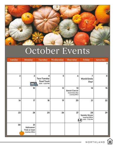 Candlewood's Fun October Resident Events! #WeLoveOurResidents #lovewhereyoulive #CorpusChristi #Candlewood #ResidentEvents #Community #October #FallFun #Halloween #Pumpkins #TacoTuesday Property Management Marketing, National Dessert Day, October Events, Pretzel Day, Resident Events, Cupcake Day, Coffee And Donuts, Fitness Board, Spooky House