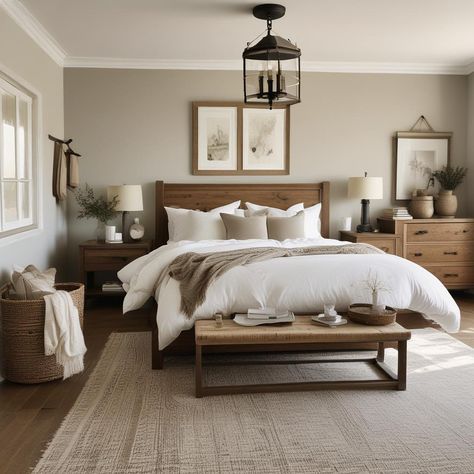 Cozy Bedroom Wood Furniture, Neutral Bedroom Decor Dark Wood, Neutral Bedroom Wooden Bed, Wood Frame Bedroom Ideas, Wooden Room Decor Bedroom Ideas, Bedroom Ideas Wood Bed, Wood Bedframe Bedroom Ideas Modern, Neutral Bedroom Dark Wood, Wood Headboard Bedroom Ideas