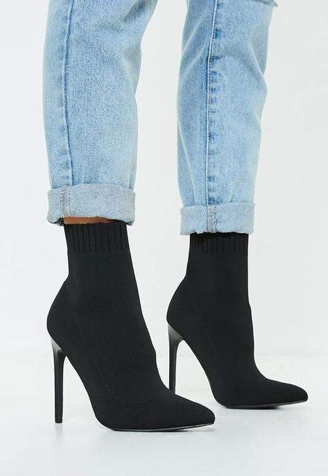 Black Knit Pointed Toe Sock Ankle Boot Sock Boots Outfit, Heels Boots Outfit, Black Sock Boots, Brown Boots Outfit, Sock Ankle Boots, Boots Outfit Ankle, High Boots Outfit, Socks And Heels, Toe Socks