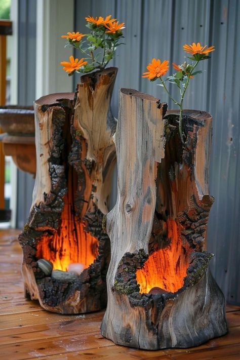 Hollow Log Ideas, Log Decor, Log Crafts, Wood Log Crafts, Wood Lamp Design, Driftwood Art Diy, Wooden Log, Deco Nature, Deco Originale