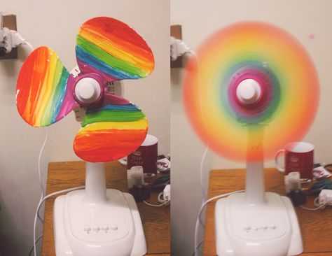 Rainbow Fan Creation - by Kate   - use craft paint (fabric paint will come off) - paint stripes of rainbow - leave to dry overnight  There you have it! c:  #rainbow_fan  #rainbow #colorful #crafts #DIY #colors #home_decor Rainbow Painted Ceiling, Rainbow Ceiling Fan, Lgbtq Room Decor, Ceiling Fan Painting Ideas Trippy, Lgbtq Home Decor, Rainbow Fan, Crystal Dragon, Pinterest Diy Crafts, Paint Stripes