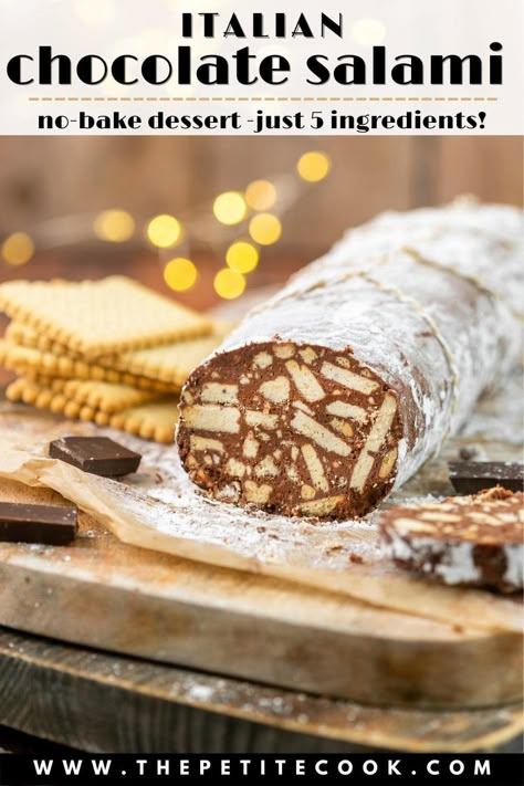 Traditional italian Chocolate Salami - This fun and easy no-bake Christmas dessert is made with just 5 simple ingredients. Chocolate Salami Italian, Chocolate Salami Recipe Christmas, Italian Christmas Dessert Recipes, Easy Italian Desserts, Italian Dessert Recipes Easy, Chocolate Salami Recipe, Salami Recipe, Italian Christmas Desserts, Chocolate Salami