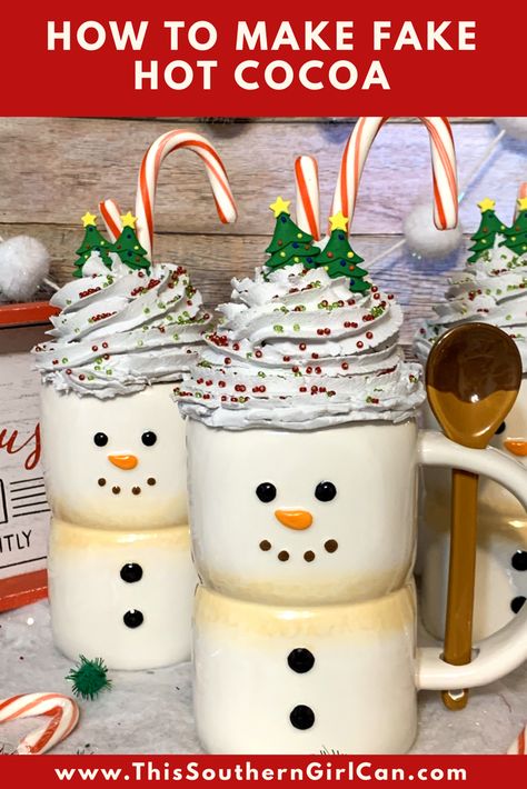 Learn how to make fake hot cocoa mug toppers with this easy tutorial. Faux Mug Toppers Christmas, Faux Hot Chocolate Prop Diy, How To Make Mug Toppers Diy, Diy Fake Hot Cocoa Mugs, How To Make Fake Hot Cocoa Mugs, Fake Hot Cocoa Mug Diy, Fake Cocoa Mug, Fake Hot Cocoa Mug, Cup Toppers Diy