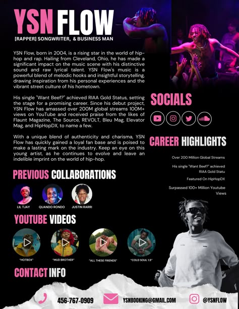 This 1-page electronic press kit template for bands, singers, and musicians is the perfect way to professionally introduce yourself to venues, festivals, press, and promotors ready to land the gig of your dreams! The media kit template for music artists includes an artist's bio, links to your music, photos, a summary of your past performances, and your contact details. You can input all of your own information, including your own photos, in this pre-made electronic press kit template. Electronic Press Kit Musicians, Electronic Press Kit Design, Band Profile Design, Epk Press Kit Music Design, Epk Press Kit Music Template, Musician Portfolio, Artist Presentation, Artist Epk Design, Epk Press Kit Music