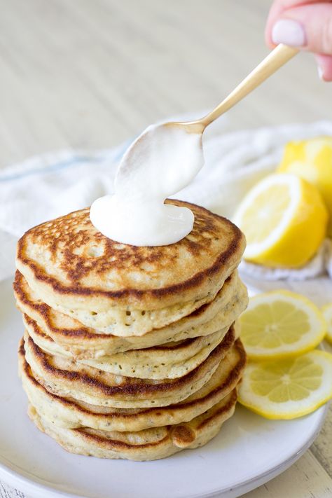 Lemon Chia Yogurt Pancakes - Freutcake Chia Yogurt, Flavored Pancakes, Yogurt Pancakes, Lemon Yogurt, Tasty Pancakes, King Arthur Flour, Fluffy Pancakes, Lemon Poppyseed, Lemon Butter