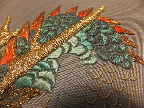 DSCF3071 Dragon Scale Embroidery, Embroidery Scales, Dragon Design Art, Scale Embroidery, Fantasy Embroidery, Embroidery Texture, Silk Colors, Embroidered Dragon, Dragon Embroidery