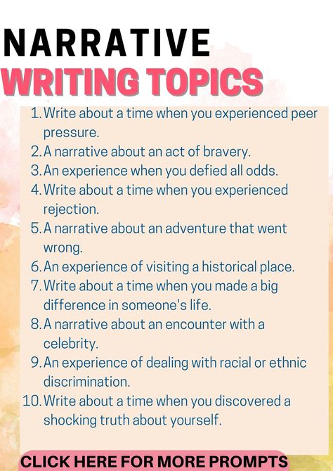 Unleash your child's imagination with our comprehensive list of narrative writing topics. Suitable for grades 3-9, these prompts will take your child on a magical journey of storytelling. Let's turn classroom writing into a fun adventure! #NarrativeWriting #CreativeWriting #WritingPrompts #Education #Storytelling Writing Topics For Adults, Personal Narrative Ideas, Narrative Writing Topics, 6th Grade Writing Prompts, Expository Essay Topics, Creative Writing Topics, Narrative Writing Prompts, Writing Development, Quick Writes