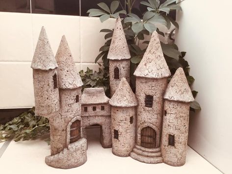 Fairy castle, made from soda cans, plastic tubs, concrete, a little polymer clay and a smidge of paint. Polymer Clay Castle, Pottery Castle, Ceramic Castle, Clay Castle, Castle Clay Sculpture, Fairy Garden Castle, Polymer Clay Houses Fairy Village, Castle Miniature, Clay Fairy House Jar